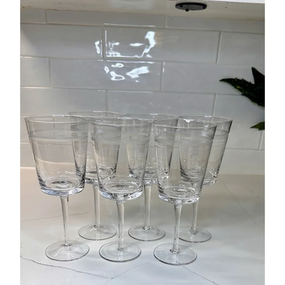 RARE CRYSTAL Pottery Barn Stemmed Wine Glasses ETCHED S/6 (Two Sets Available)